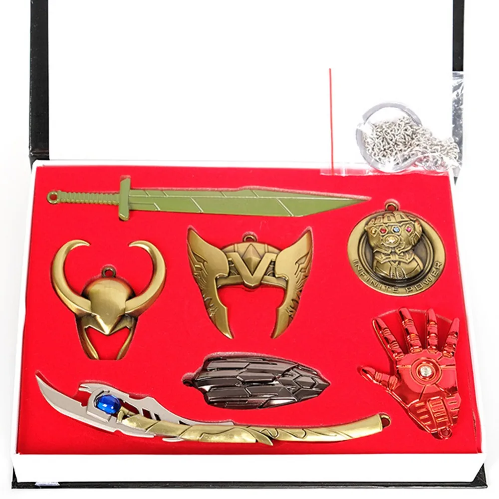 

7 PCS Marvel Thor Keychain Avengers Cosplay Loki Mask Key Chain Iron Man Badge Captain America Weapons Keychain Thanos Props Set