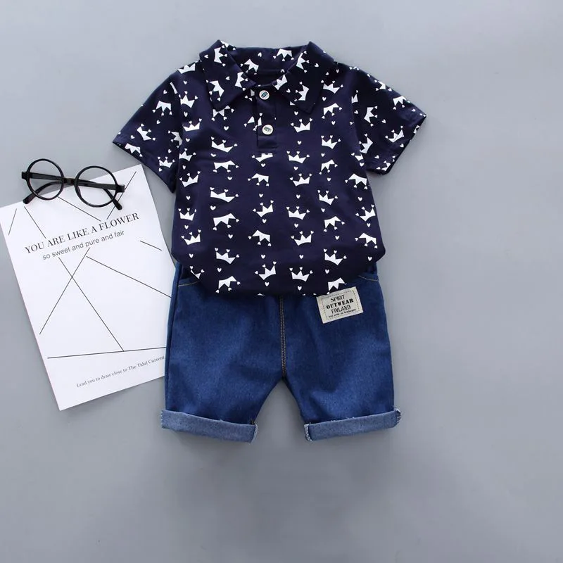 Летняя одежда для маленьких мальчиков, рубашка с короткими рукавами и цветочным принтом, блузка, шорты, повседневная одежда