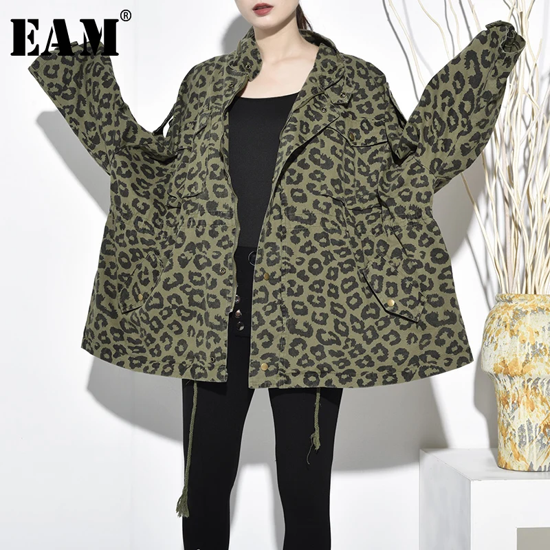 

[EAM] 2019 New Spring Autumn Stand Collar Long Sleeve Army Green Leopard Pattern Big Size Jacket Women Coat Fashion Tide JI801