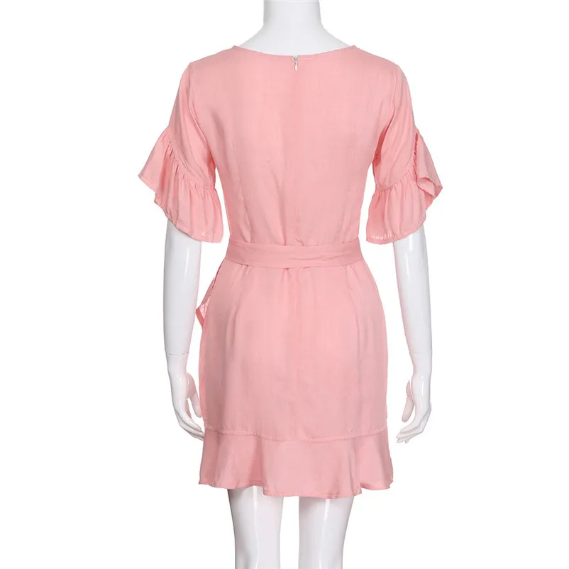 HOT sell Fashion summer dress 2018 beach dress Women Short Sleeve Holiday Solid Dress Ladies Ruffle Mini Dress vestido Y20#N (6)