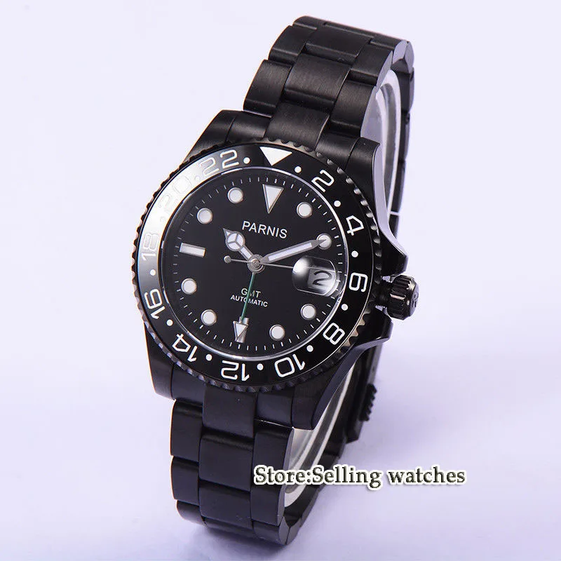 Parnis 40mm black dial GMT Style PVD case Ceramic Bezel sapphire glass Automatic watch Parnis 40mm black dial GMT Style PVD case Ceramic Bezel sapphire glass Automatic watch