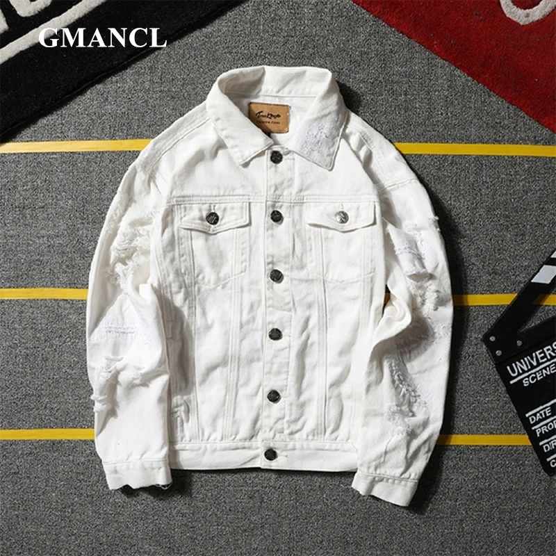 

New Men/Women Pink white Ripped Hip Hop Denim Jackets Fashion Distressed Hole Casual Streetwear Male motorcycle Jeans Jacket 5XL
