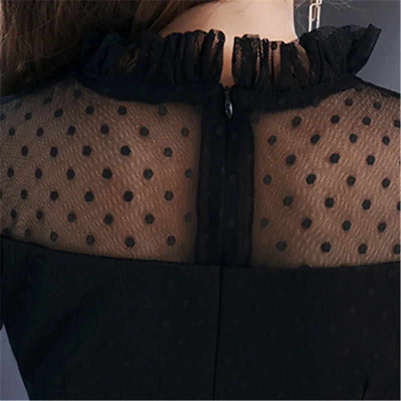 A Line Evening Dress Black Long Sleeve Dot Pattern Formal Prom Dress Elegant Illusion O-neck Floor length Print Party Gown E016