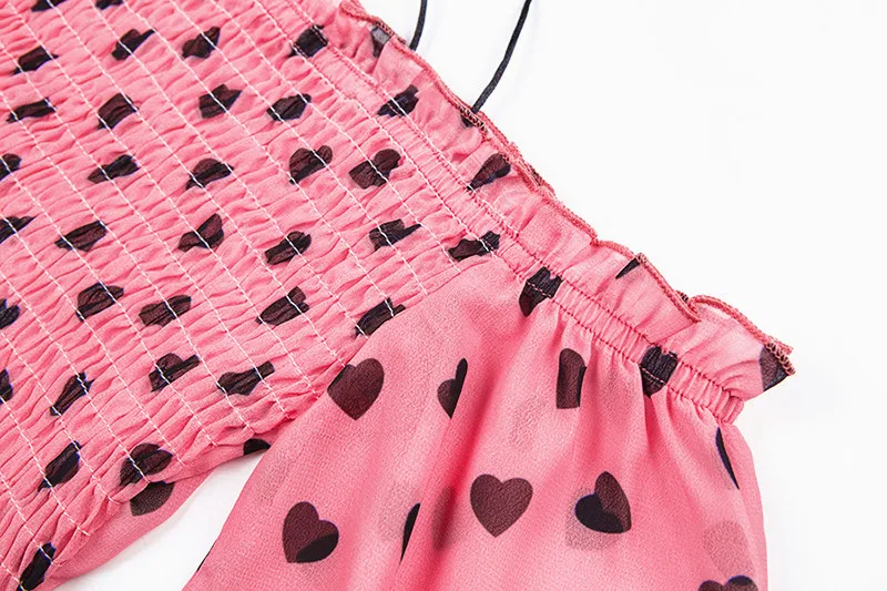 Lessverge/Розовый Шифоновый комплект из двух предметов с принтом, наряды с открытыми плечами, платье с оборками, костюм на шнуровке, бохо, укороченный топ, облегающий мини-комплект с юбкой