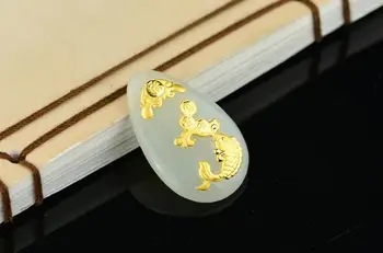 

3D gold inlaid natural Hetian jade with fish pendant H2670#