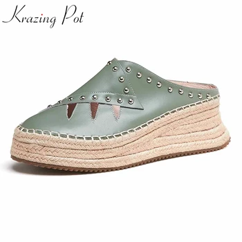 

Krazing Pot genuine leather metal rivets straw bottom flat platform princess style slip on loafers round toe brogue shoes L77