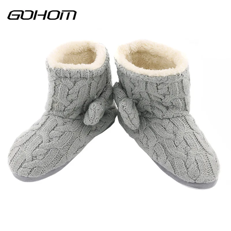 Home Boots Girl GreyPink Bow Decoration Winter Warm Footwear Soft Plush Nonslip Shoe Sapato Feminino Pantufa   (2)