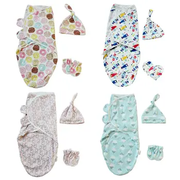 

1 Set Baby Swaddle + Hat + Gloves Beanie Wrap Bathing Sleeping Bag Diaper Blanket Cartoon Cute Knotted Cap Anti-scratch Gloves