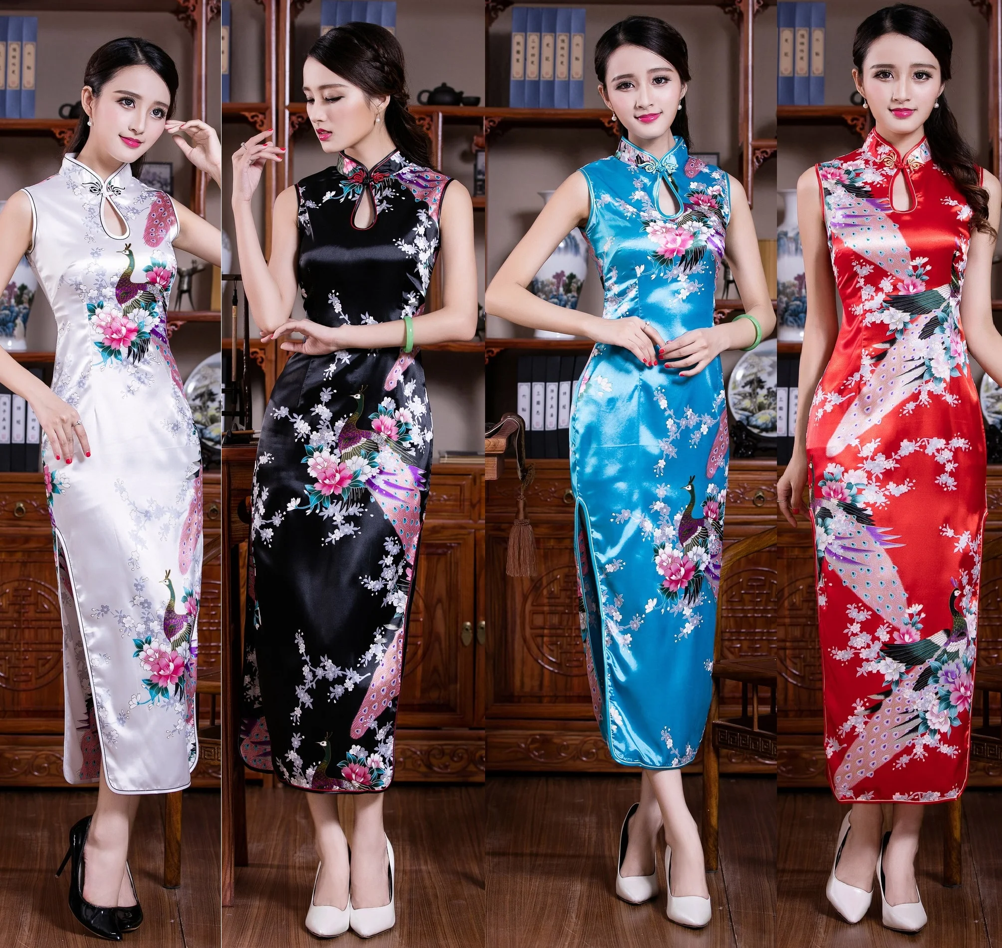 

Chinese Female Vintage Rayon Cheongsam Long Slim Vestidos Sexy Sleeveless Evening Dress Classic Flower&Peacock Qipao S-XXL