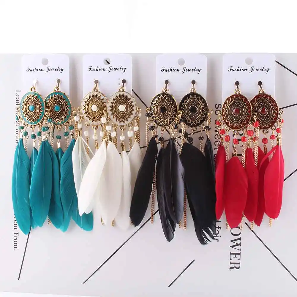 Feather Clip on Earrings Fashion Bohemian Long Tassel Enamel for Women Without Piercing Hanging Ear Clips Female Bijoux ear clip earrings clip earrings ear clip ear accessories