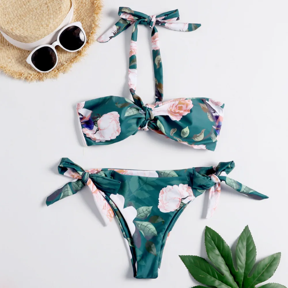 2019 Woman hanging neck green leaf print sexy split bikini suit swimsuit beach sports swimsuit push up mujer brasile 40M29 (1)