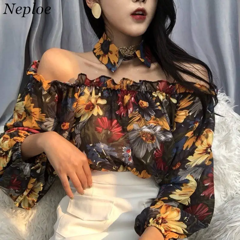 

Neploe Floral Print Chiffon Blouse Women Slash Neck Long Sleeve Blusas Top Feminina Womens Sexy Strapless Tops And Blouses 37106