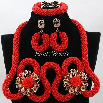 

Luxury Red Indian Bridal Costume Jewelry Set African Wedding Nigerian Crystal Beads Jewellery Set 2016 Hot Free Shipping ALJ318