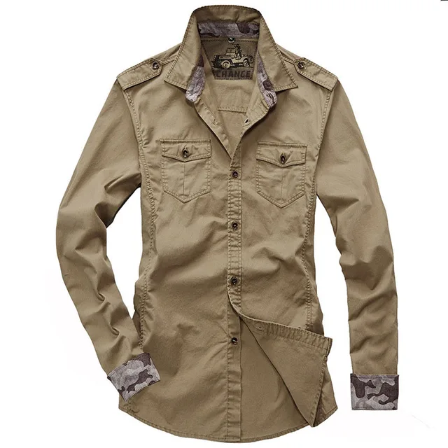 2015 Military Style Men Shirt With Epaulets Long Sleeve Cotton Double