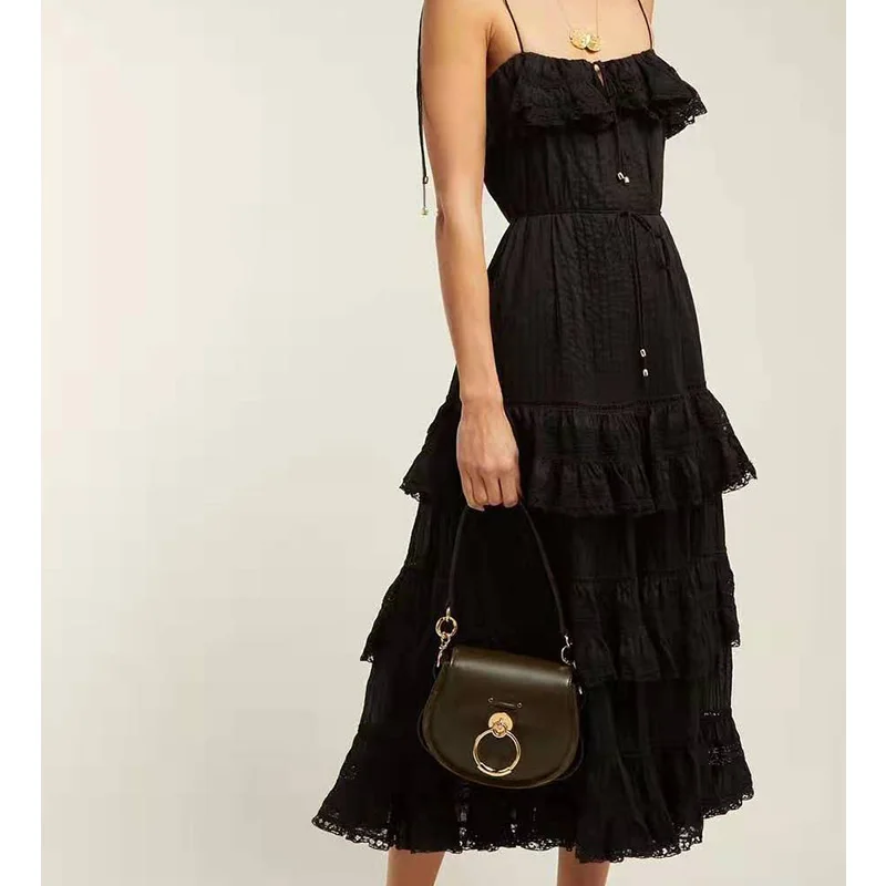 

Cosmichic Runway Strap Dress Backless Lace Patchwork Ruffles Elegant Cake Dresses Spring And Summer Black Party Boho Dress