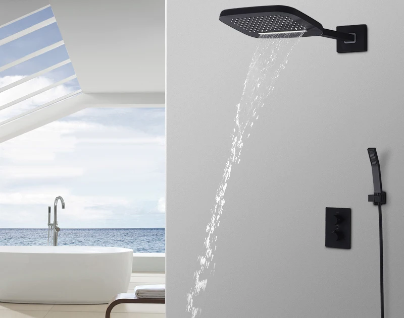 DCAN Brass Black Bathroom Rain Waterfall Shower Panel Set Thermostatic Massage System Tub Faucet with Jets & Hand Shower System (1)