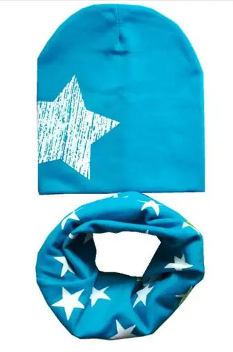 lake blue big star Зимний детский комплект с шапочкой, красивый детский головной убор со звездой, весенний теплый для шеи воротник, детские вязаные шапки, комплекты, хлопковая детская шляпа, шарф, комплект - Цвет: lake blue big star