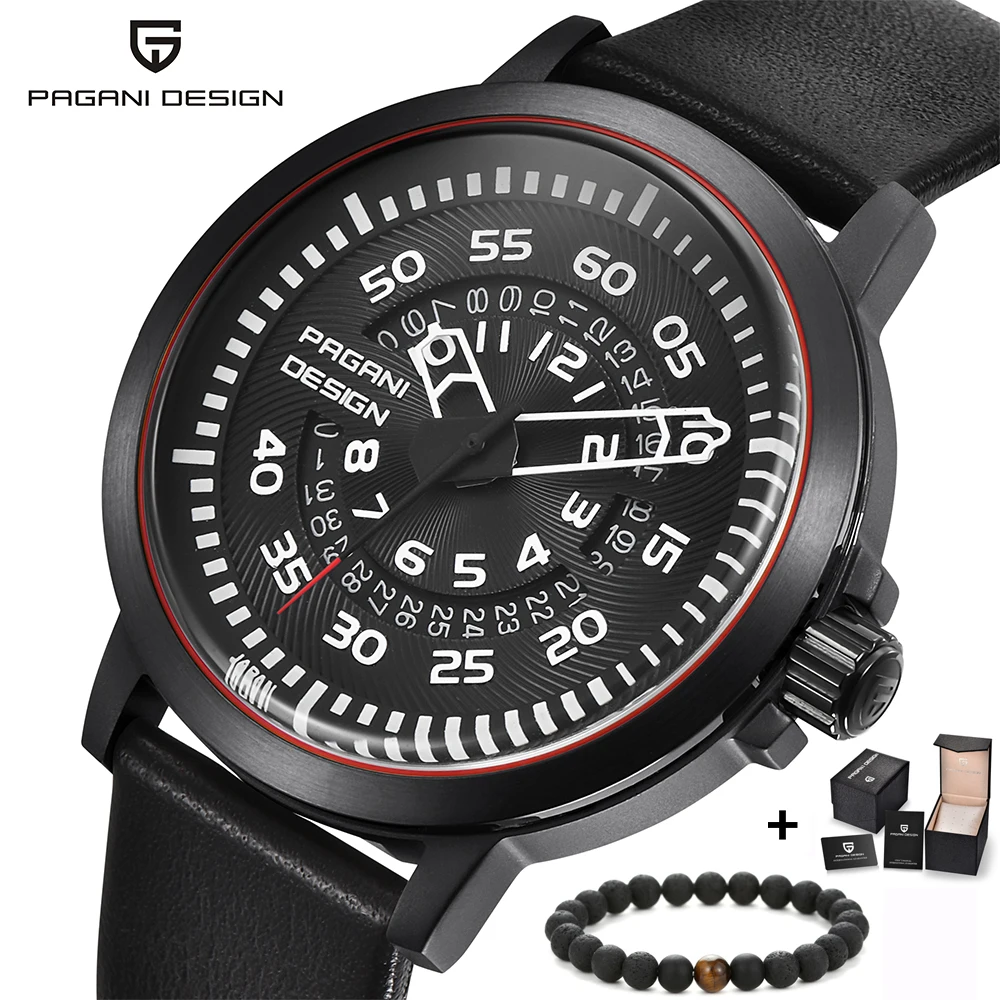 

PAGANI Mens Watches Brand Luxury Stylish Watch Leather Strap New Dials Design Rotate Calendar Military Quartz Watch for Men