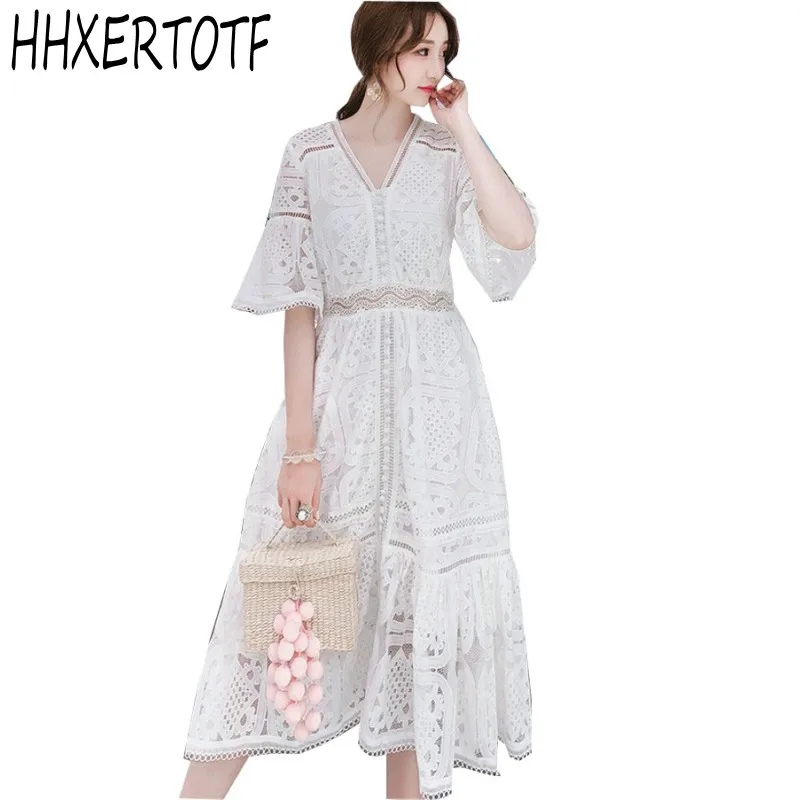 

Women White Party Dress 2019 High quality Runway Lace Dress Ladies V neck Flare Sleeve Pleated Cake Boho Dress Vestidos