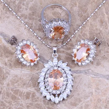 

Brown Morganite White CZ Silver Plated Jewelry Sets Earrings Pendant Ring Size 6 / 7 / 8 / 9 / 10 S0067