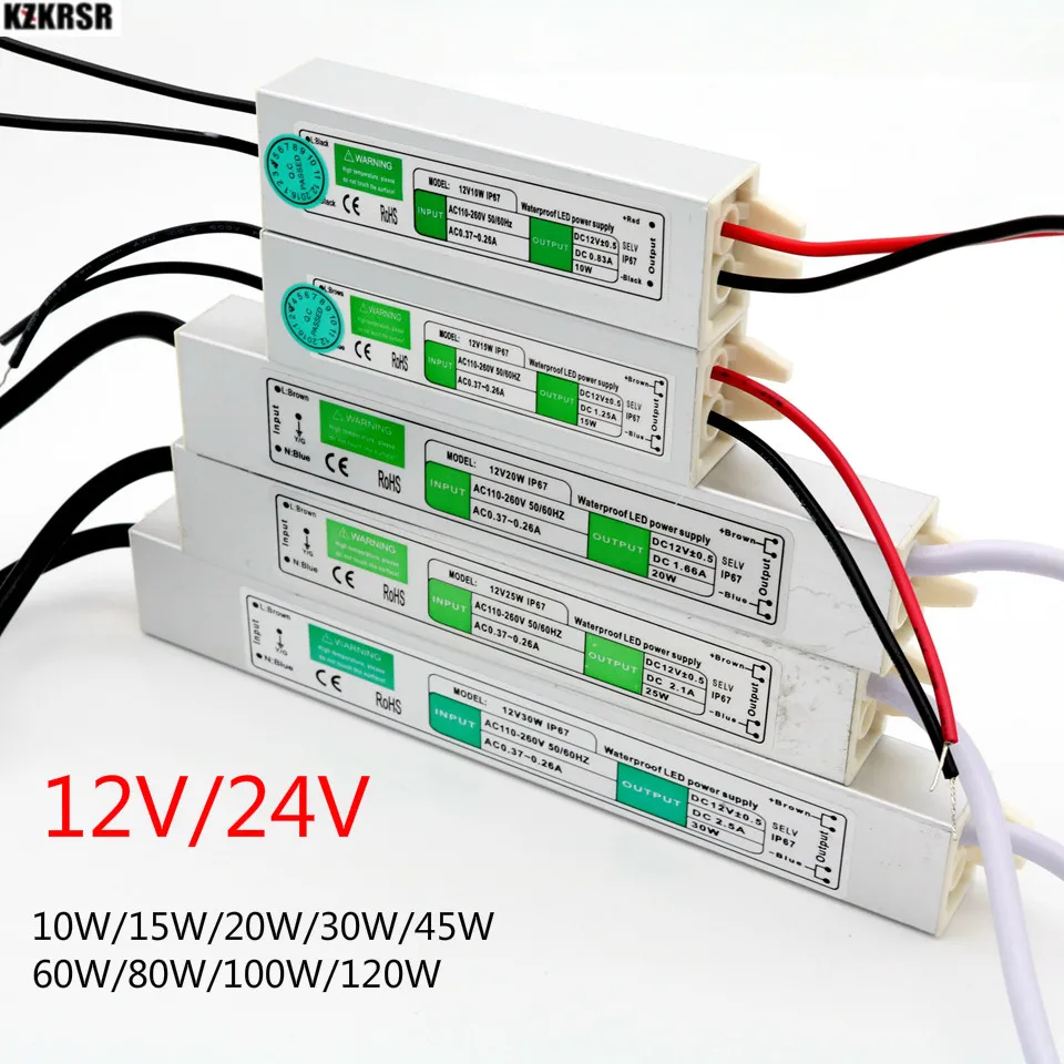 

10W 15W 30W 60W 80W 100W 120W AC110V 220V TO DC 12V 24V Power Supply Adapter IP67 Waterproof Driver Transformer for led strip