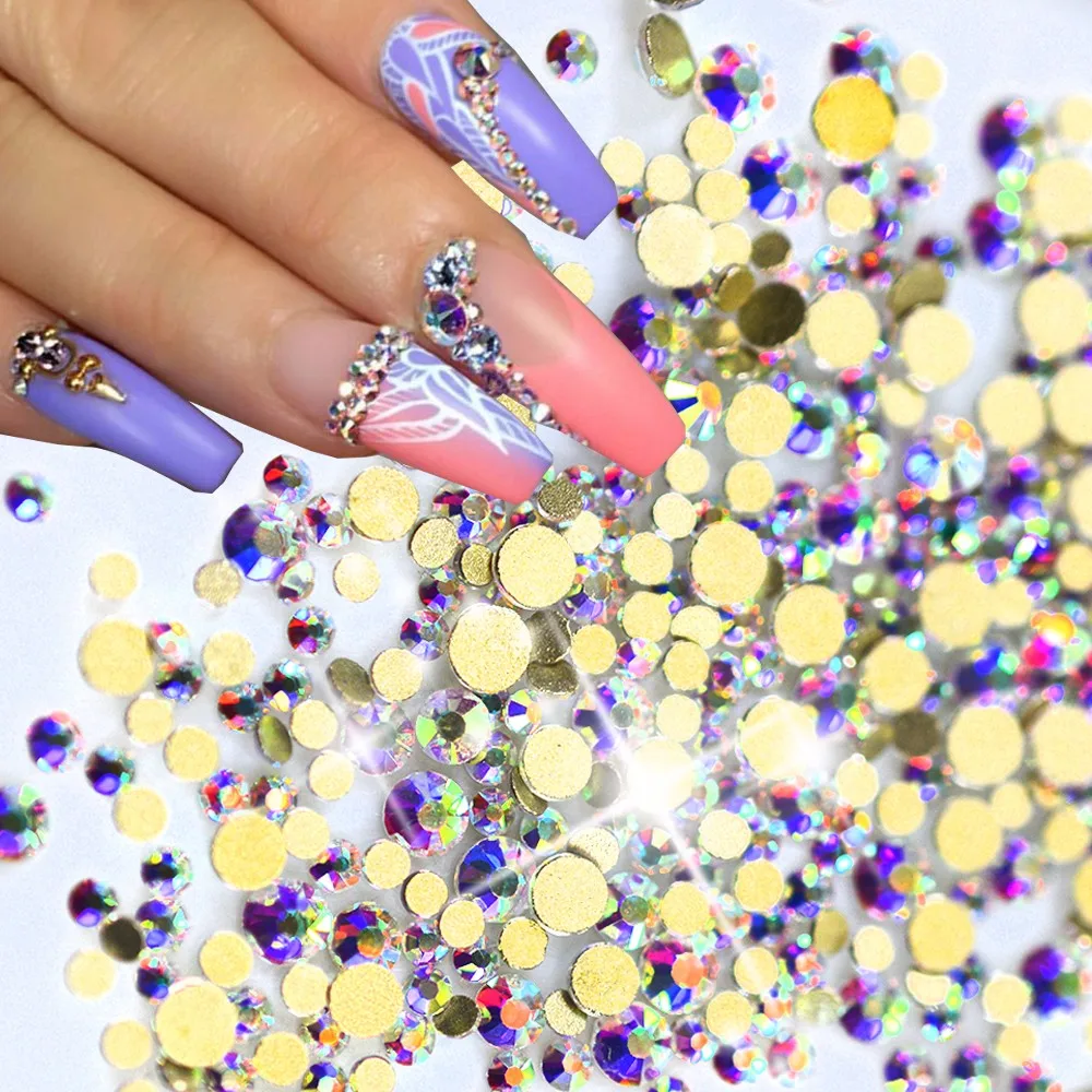 1440 шт./упак. SS3-SS12 Nail Art Блеск Стразы AB Золото 3d Стекло, на плоской подошве, с украшением в виде кристаллов, на спине для проведения дезинфекции в маникюрном салоне украшения SANJ246