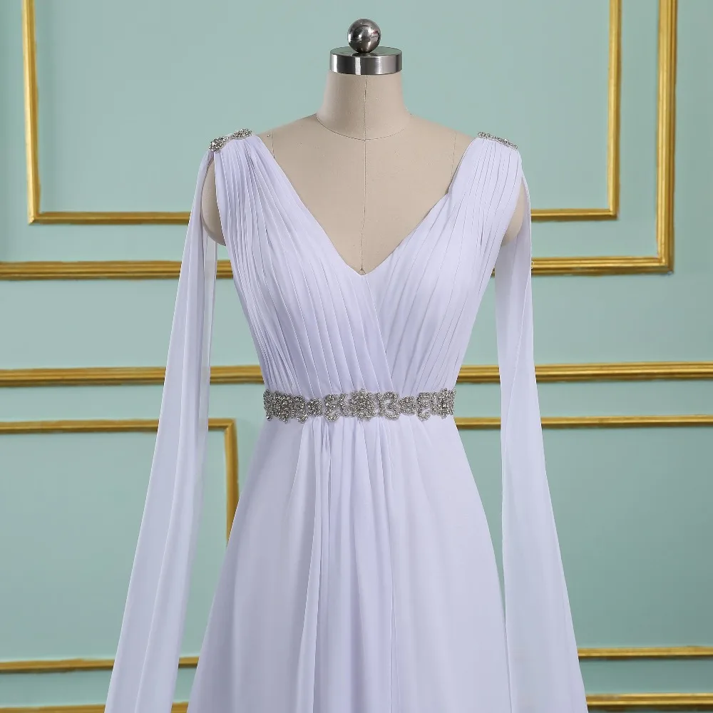 V Neck Long Chiffon Watteau Train Grecian Beach Wedding Dress