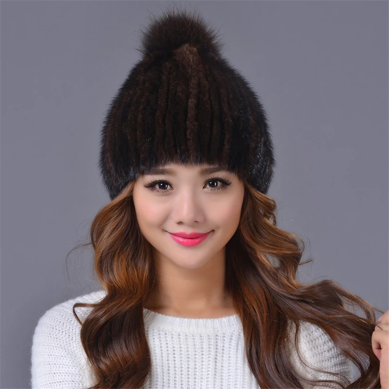

Women Hats 100% Real Mink Fur Brand Winter Solid Striped Elasticity Handwork Beanies Thicken Knitted Woolen Cap Hat Mink Fur Cap