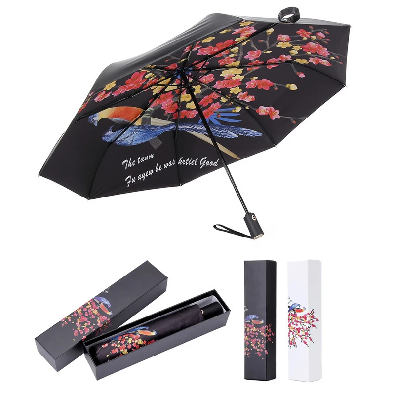 Printed Three Folding Umbrella For Black Coating Anti-UV Sunscreen Parasol Automatic Windproof Dual-use Sunny And Rain Umbrellas