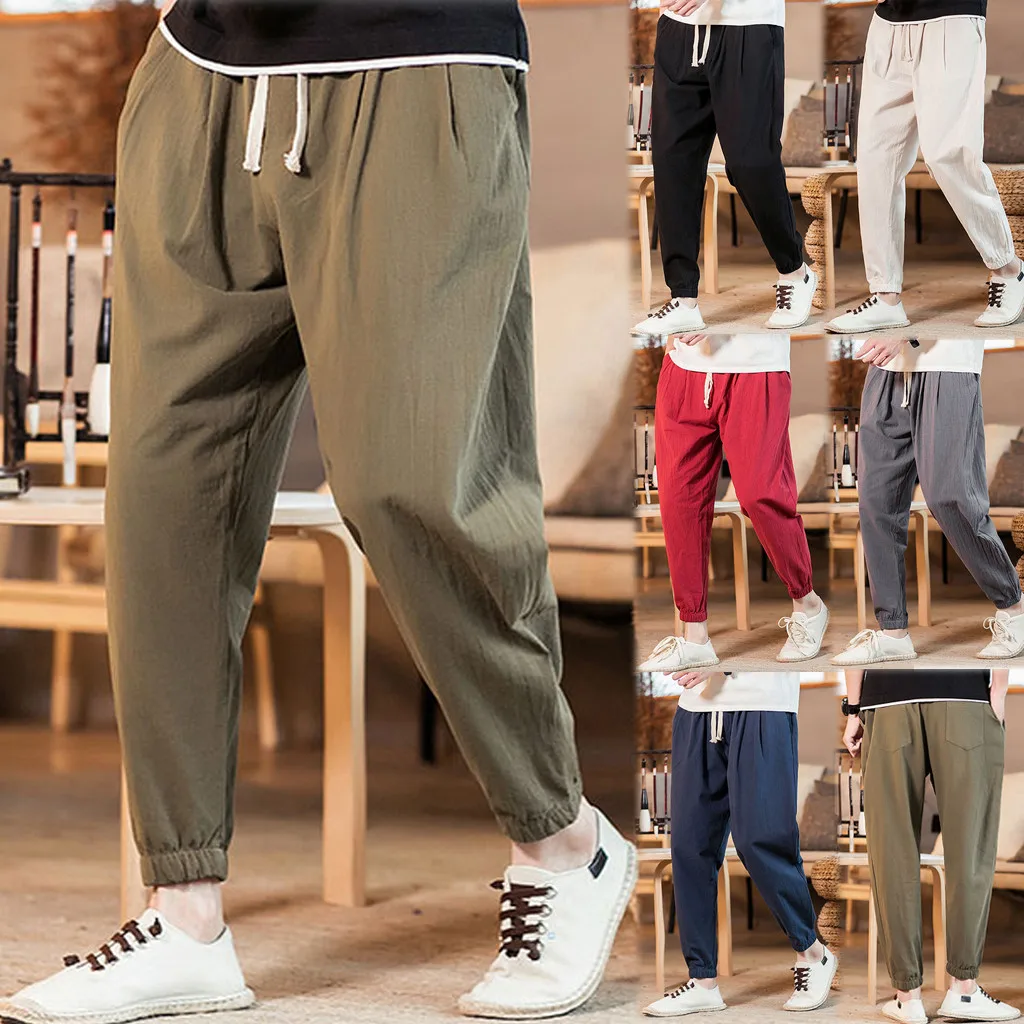 

High Quality Casual Men's Casual Vintage Loose Cotton Linen Pure Color Comfort Ankle-Length Pant Travel Teenage