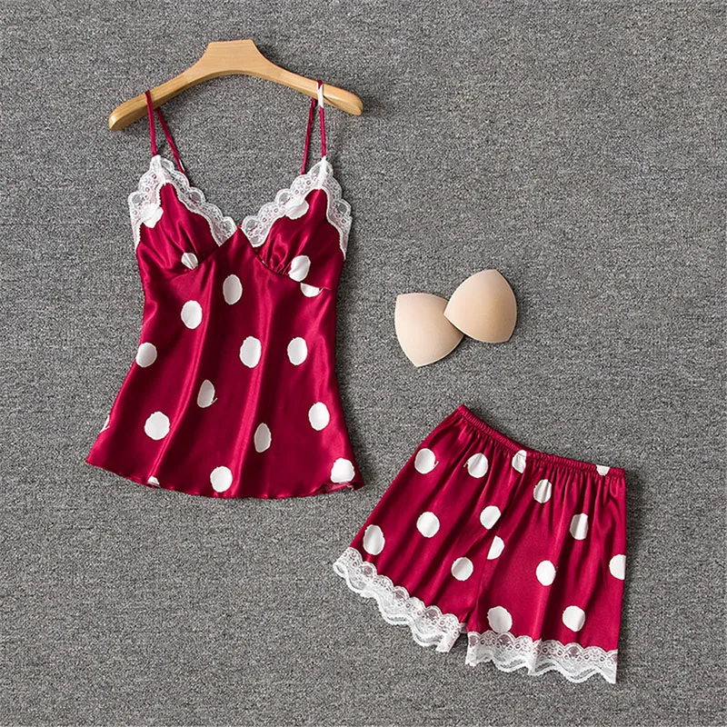 

Sexy lace Dot print Women's Pajamas Set ladies satin silk Sleepwear girls V neck sling Lingerie Underwear homewear set