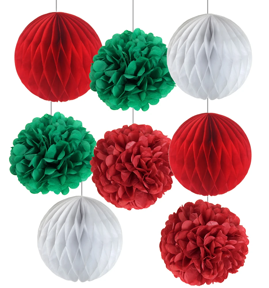 

Pack of 8 Christmas Decorations Red/Green/White Tissue Paper Honeycomb Balls Tissue Pom Poms Set Honeycomb ChristmasTree Ball
