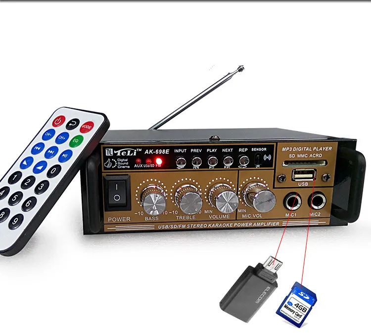 

free shipping 220-240V home 12V car amplifier computer radio MF SD card USB remote control 2.0 channel 60W Audio amplifier