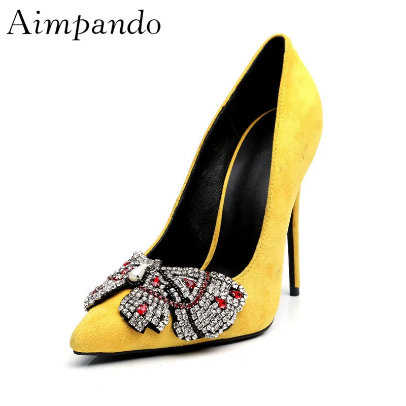 

Jewelled Butterfly-knot Pumps Women Thin High Heels Pointed Toe Yellow Suede Shallow Party Shoes Diamond Shoes Woman