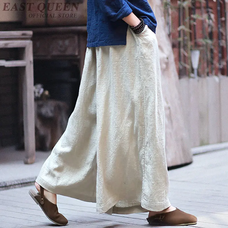 Chinese style linen Palazzo culotttes femme wide leg pants women female loose baggy ladies elegant pants trousers