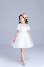 Real photo 2016summer new arrival pegeant dresses for girls white Ball Gown O-neck Short Sleeves knee-length Flower Girl Dresses