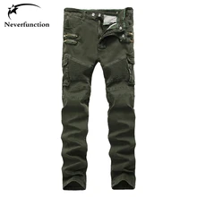 Мужские обтягивающие рваные байкерские джинсы на молнии с несколькими карманами, брюки-карго, зеленые военные хип-хопмэны, плиссированные джинсы-карандаш для езды на мотоцикле