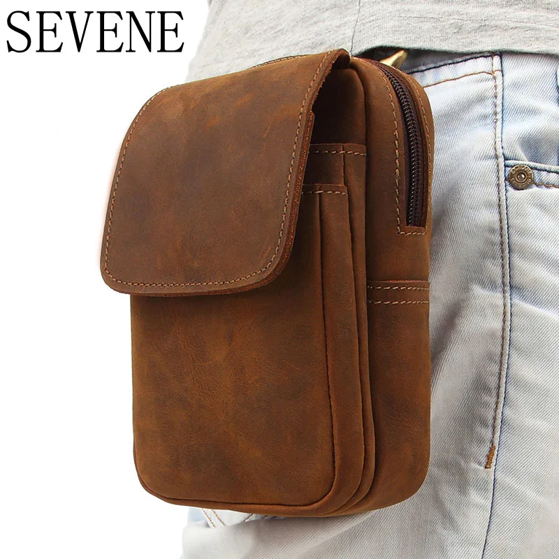 

SEVENE Men Waist Bag Waist Packs Belt Bag Vintage Genuine Leather Travel Male Fanny Pack Belt Loops Hip Bum Bag Phone Pouch