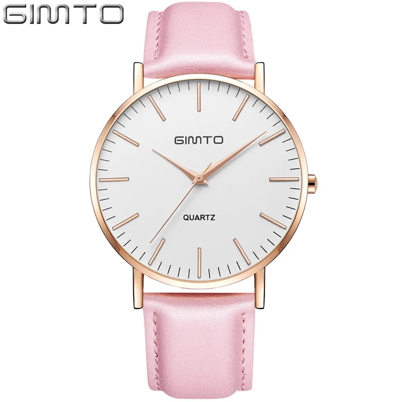 Женские часы леди бренд gimto модные роскошные тонкие водонепроницаемые влюбленные классический кожаный ремешок кварцевые наручные часы relojes Femino - Цвет: Pink gold