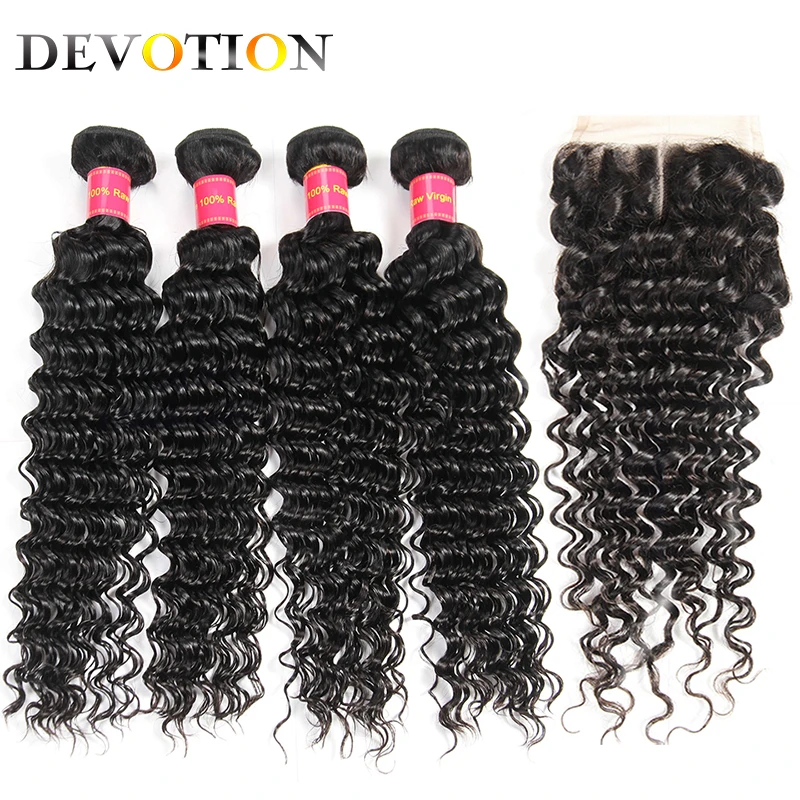 Devotion Brazilian Deep Wave 4 Bundles with Closure Middle Part Human Hair Extension Natural Color Non Remy Hair Weave Bundles