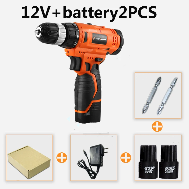 12V household battery drill mini electric drill DIY power drill battery screwdriver power tool with 2pcs battery