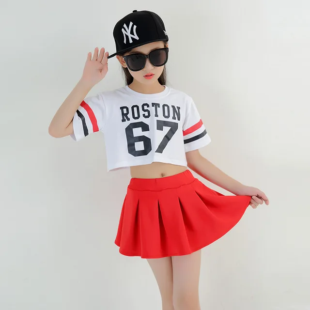 Kid Hip Hop Clothing Dancing Costume White Cropped Tops Sweatshirt Red Skirt for Girls Jazz Dance Clothes Ballroom T Shirt Wear 2