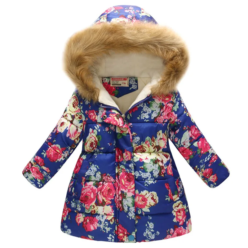 Зимнее пальто для маленьких девочек толстый, с капюшоном поддельные меховой воротник с цветами кошкой куртка детская верхняя одежда для детей, Рождественский детский зимний комбинезон, пальто - Цвет: FC256-Blue