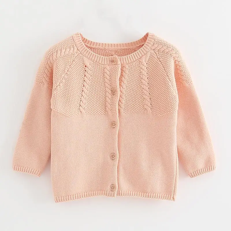 New Spring And Autumn Girls Round Neck Twist Sweater Cardigan Shawl Cotton Children's Sweater Long Sleeve Thick Coat - Цвет: Розовый