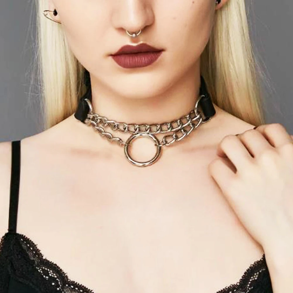 

Personality PU Leather O Round Unisex Punk Chain Choker Necklace Handmade Metal Ring Collar Bondage Harness Fashion Necklace New