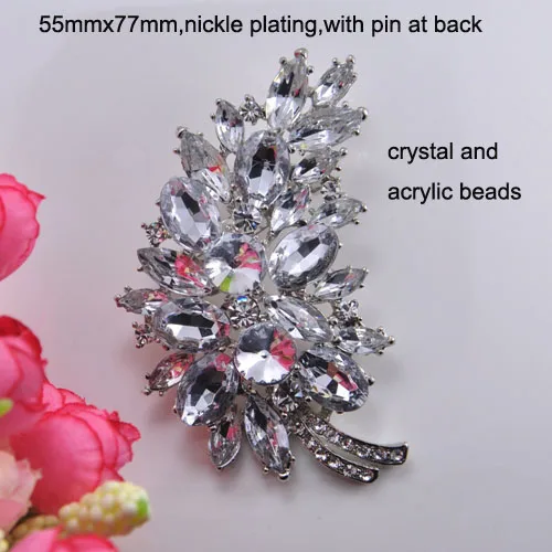 

(S0716)5pcs/lot, 55mmx77mm rhinestone brooch, with pin at back,nickle plating,crystals and acrylic beads