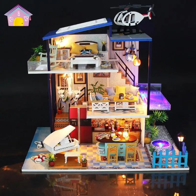 

Kids Wooden Doll House DIY Villa Model Building Toy Children Miniature Dollhouse Assembly Furniture Set Handmade Flash House