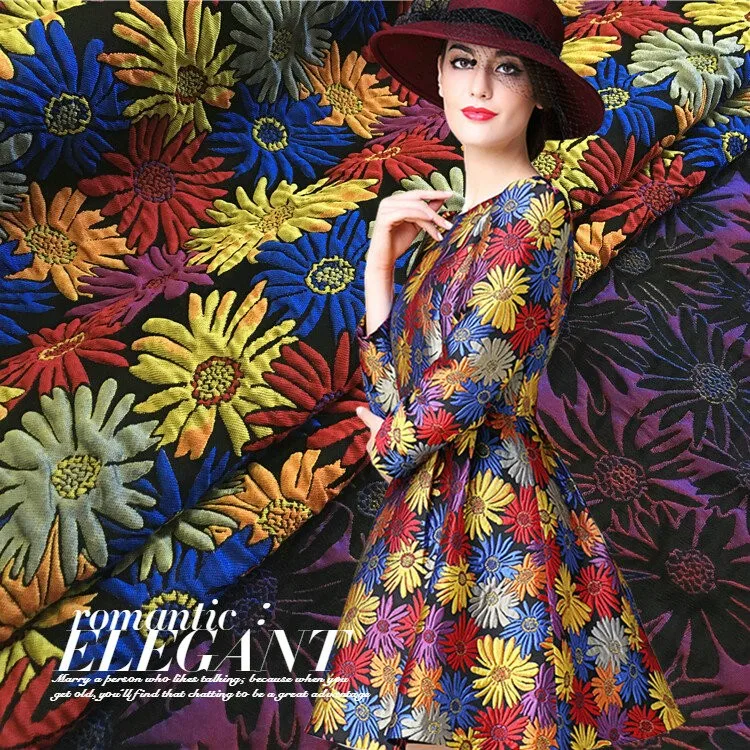 Красочные большие подсолнухи тиснением парчи жаккардовое платье ткань, металлик жаккардовая ткань, женское платье или пальто полиэстер ткань