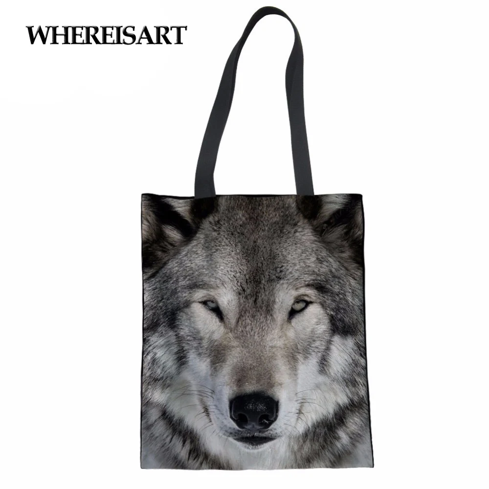 

WHEREISART Cool Wolf Print Female Shoulder Bag Environmental Protection Shopping Fold Tote Bags Women Eco Cloth Large Handbag