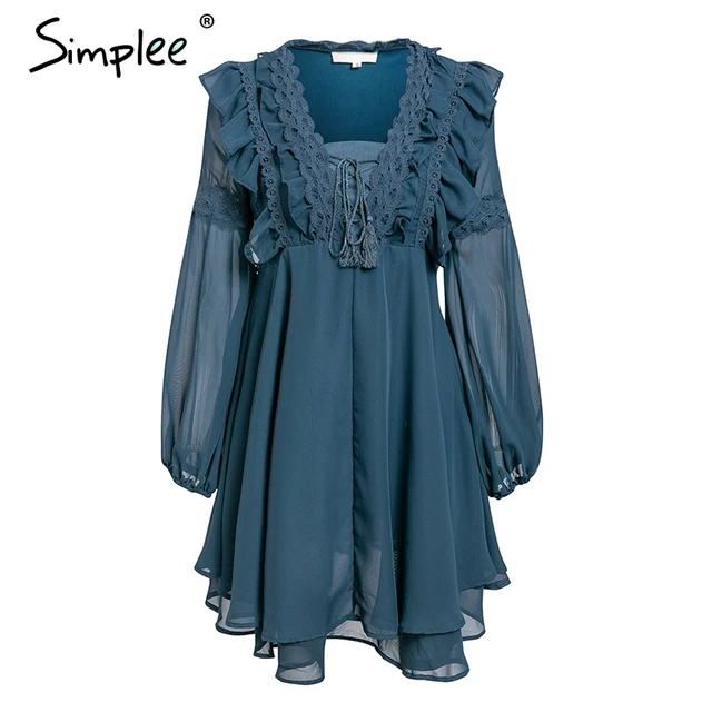 Simplee Sexy Ruffle Teal Women Dress Summer Lantern Long Sleeve Lace